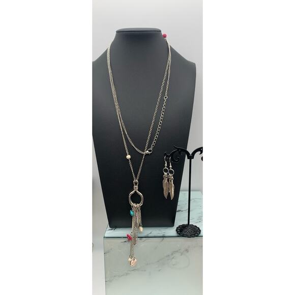 Silver Tone Southwestern Western Dangle Fringe Pendant 36” Necklace & Earrings - Picture 1 of 7